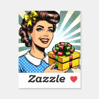 Retro Woman Holding a Birthday or Christmas Gift Sticker