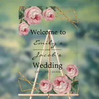 Welcome Wedding Gold Glitter Geo Pink Floral Acrylic Sign
