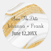 Save The Date| White and Gold Marble Classic Round Sticker