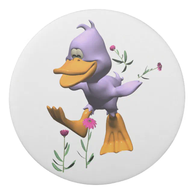 Cute Happy Cartoon Duck Running Through Flowers Eraser