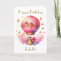 Pretty Pink and Gold Hot Air Balloons Birthday Card