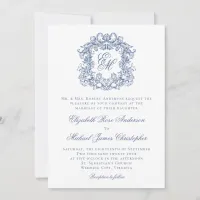 Elegant Blue Vintage Monogram Crest Wedding Invitation