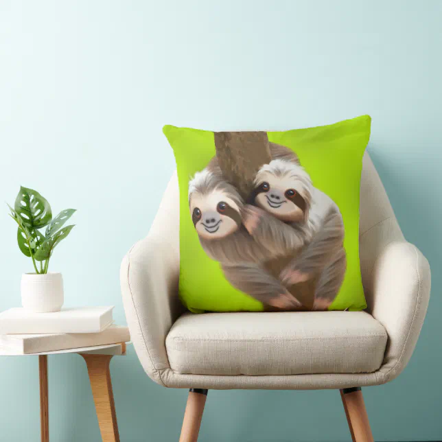 Snuggle of Cute Three-Toed Sloths in the Tree Throw Pillow