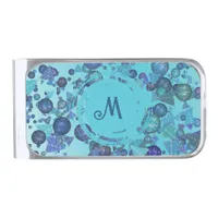 Modern geometric shapes with monogram in blue silver finish money clip