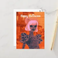 Woman in Orange and Pink Halloween Postcard