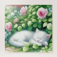 Cute White Kitten Napping Under Rosebush Jigsaw Puzzle