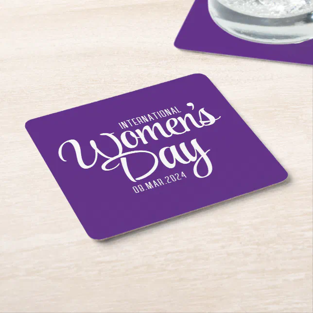 Purple Script International Women's Day March 8 Square Paper Coaster