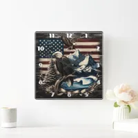 Majestic Eagle Over American Landscape at Dusk Square Wall Clock