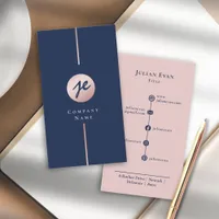 Modern Navy Blue & Blush Pink Rose Gold Monogram Business Card