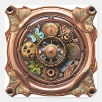 Steampunk Gears and Flowers Copper and Gold Metal Square Sticker