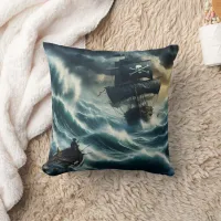 Pirate Ship Battling Stormy Seas at Dusk Throw Pillow