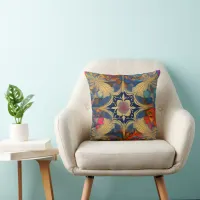 Radiant Mandala: Vibrant Symmetrical Fantasy Art Throw Pillow