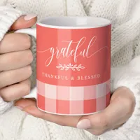 Grateful Thankful Blessed Coral & White Plaid Coffee Mug