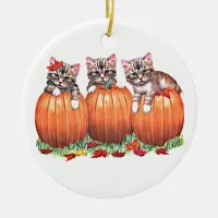 Happy Halloween Autumn Kittens on Pumpkins, ZSSG Ceramic Ornament