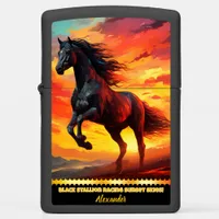 “Black horse running at sunset Zippo Lighter