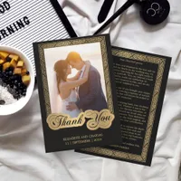 Vintage Script Black and gold Wedding Photo  Thank You Card