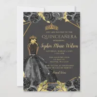 Elegant Black Gold Floral Princess Quincea&#241;era Invitation