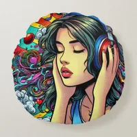 Girl Listening to Music on Headphones Psychedelic Round Pillow