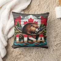 Canadian Beaver Amongst Trees and Mountains Throw Pillow