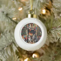 Festive decorated room, fireplace, cats, vintage ceramic ball christmas ornament