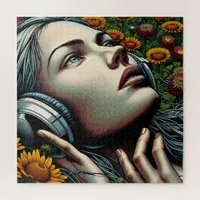 Beautiful Woman with Headphones in Sunflowers Jigsaw Puzzle