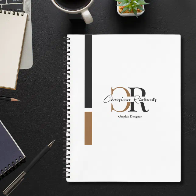 Simple Modern Black Gold Monogram Notebook