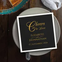 Elegant Modern Black & Gold Cheers Script Wedding Napkins