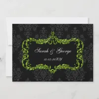 regal flourish black and green damask invites