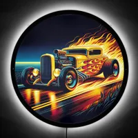 Hotrod cruising a fiery dusk highway LED sign