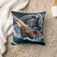 Pirate Ship Sailing Through Stormy Seas at Dusk Throw Pillow