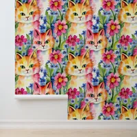 Whimsical Watercolor Flowers and Cats Colorful Wallpaper