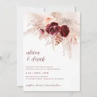 Boho Pampas Grass Burgundy Roses Wedding Invitation