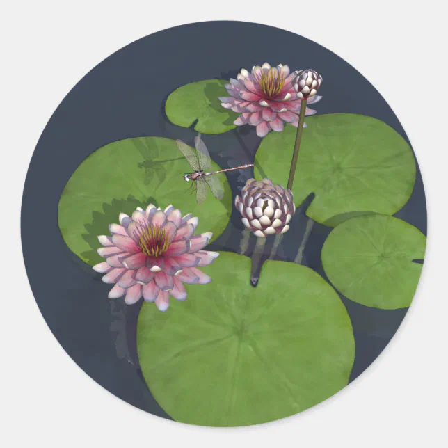 Pretty Pink Water Lily and Dragonfly Classic Round Sticker