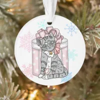 Personalized Merry Christmas Gray Kitten Pink Bow  Ornament