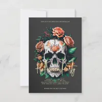 Floral Skull Dark Grey Halloween Party Invitation