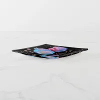 Water Droplets on Pink & Blue Roses on Black | Trinket Tray