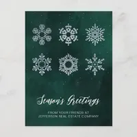 Modern Green Silver Snowflakes Business   Holiday Postcard