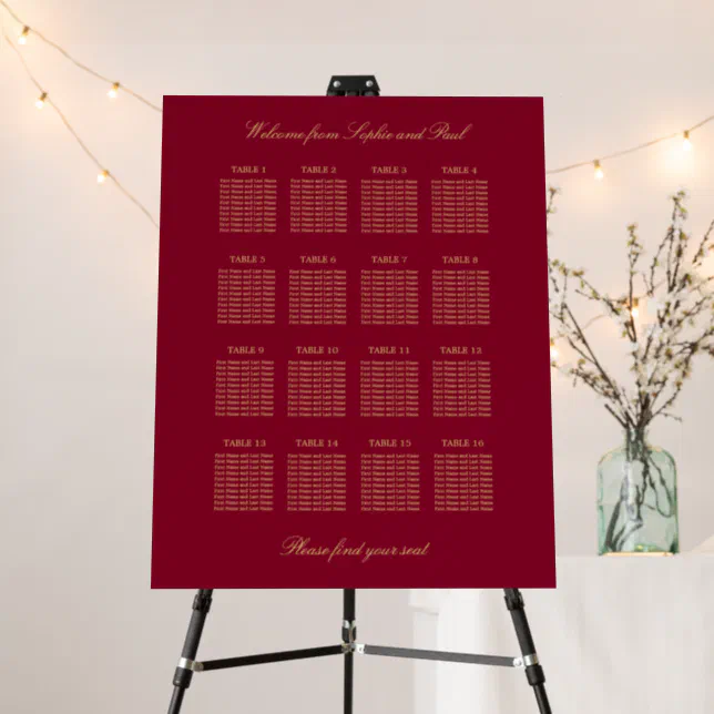 Burgundy Gold 16 Table Seating Chart Foam Board