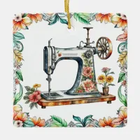 Pretty Floral Vintage Sewing Machine Christmas Ceramic Ornament