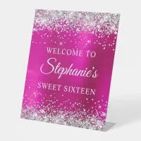 Silver Glitter Hot Pink Pink Foil Sweet Sixteen Pedestal Sign