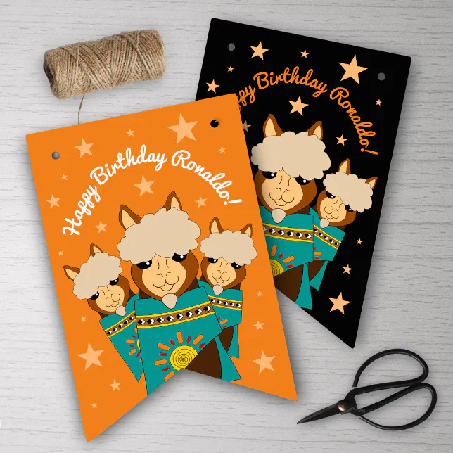 Cute Happy Birthday Boy Alpacas in Teal Serapes Bunting Flags