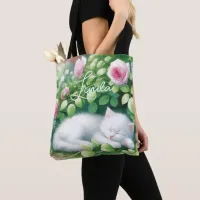 Sweet Napping White Kitten under a Rose Bush  Tote Bag