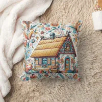 Colorful floral cottage with vibrant patterns throw pillow