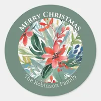 Red Poinsettia Flowers Leaves Elegant Botanical Classic Round Sticker