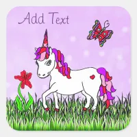 Personalized Purple Unicorn, Flowers and Butterfly Square Sticker