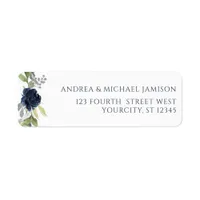 Navy Blue Watercolor Floral Wedding Address Label