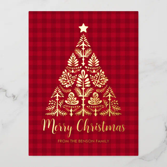 Nordic Folk Art Christmas Tree in Gold  Foil Holiday Postcard