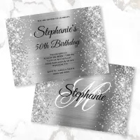 Silver Glitter Foil Black and White Monogram Invitation