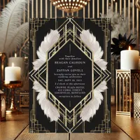 Elegant Art Deco Black and Gold Feather Wedding Invitation