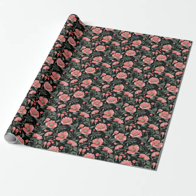 Floral Pattern Green Oak Leaves and Pink Flowers  Wrapping Paper